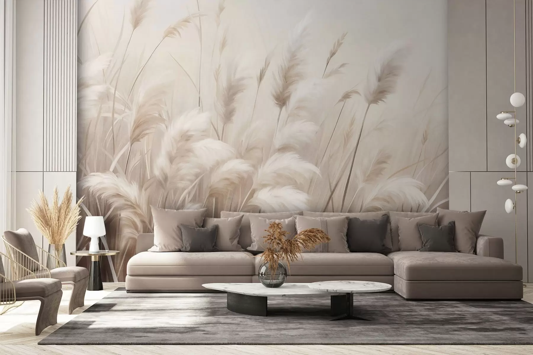 wall murals Tall, textured pampas grass in soft, warm, neutral tones, with a blurred, light background w09637