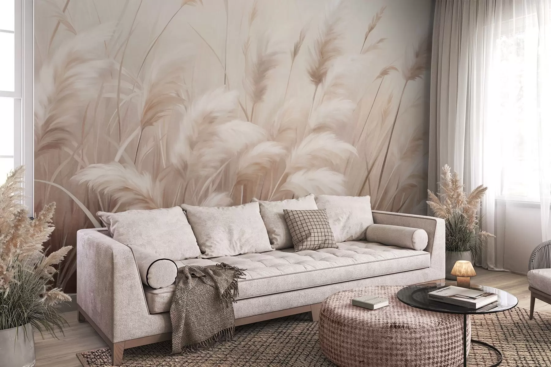 wall murals Tall, textured pampas grass in soft, warm, neutral tones, with a blurred, light background w09637