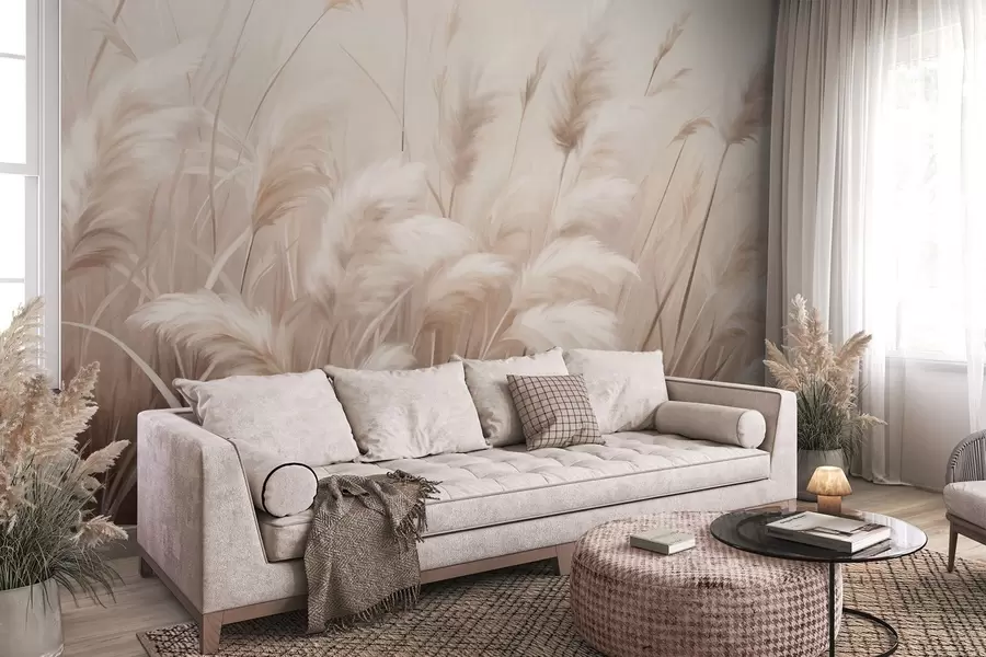 wall murals Tall, textured pampas grass in soft, warm, neutral tones, with a blurred, light background w09637