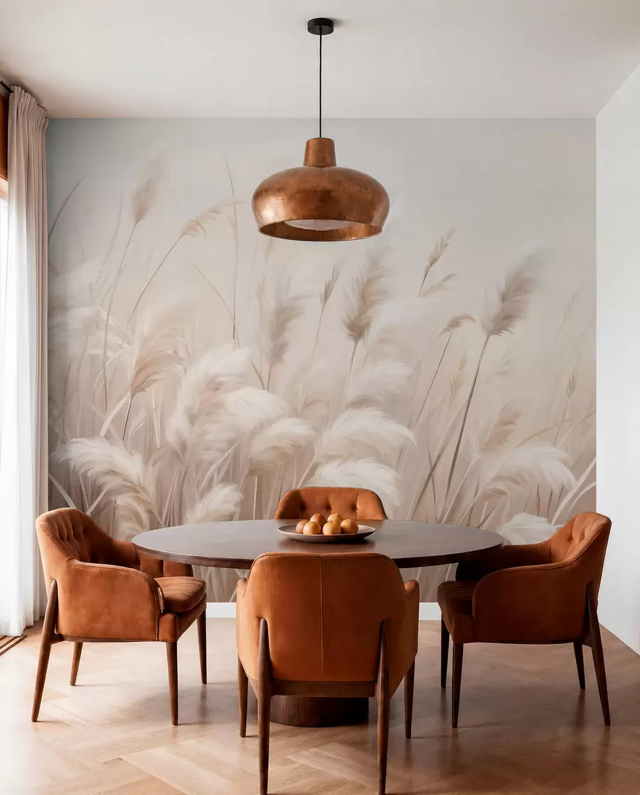 wall murals Tall, textured pampas grass in soft, warm, neutral tones, with a blurred, light background w09637