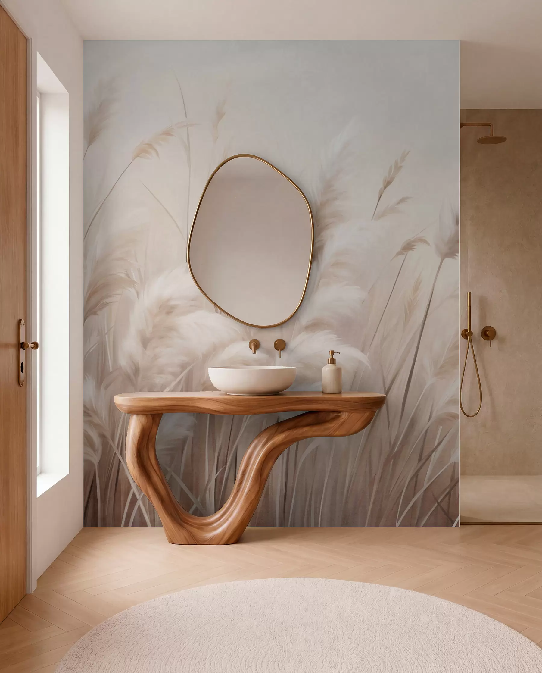 wall murals Tall, textured pampas grass in soft, warm, neutral tones, with a blurred, light background w09637