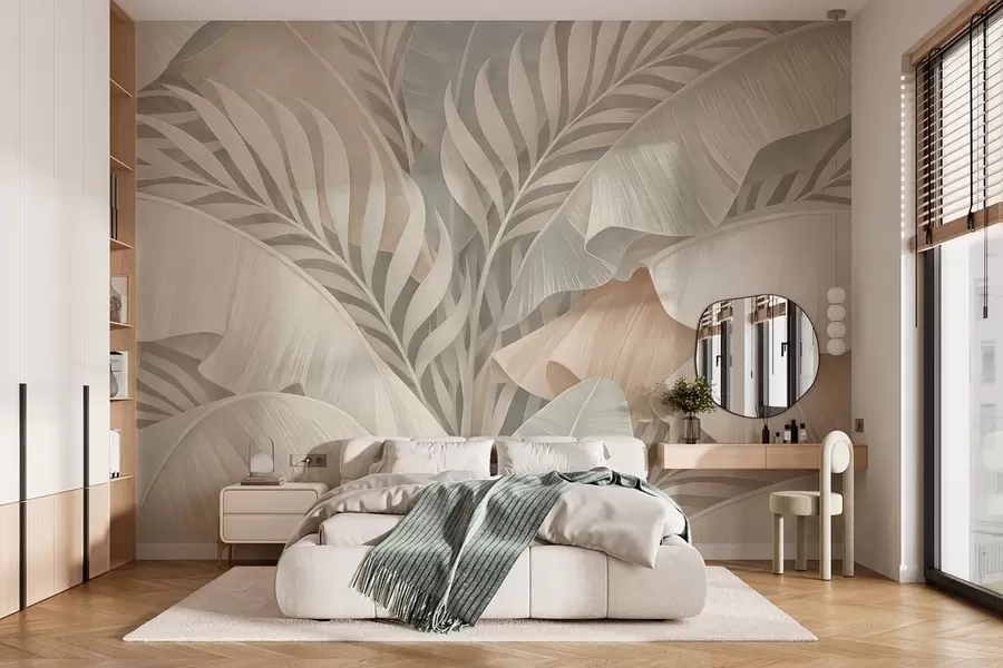 wall murals large tropical leaves in shades of peach and dull turquoise w05062