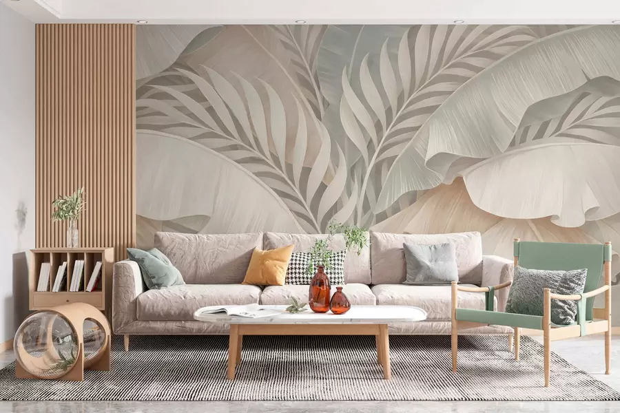 wall murals large tropical leaves in shades of peach and dull turquoise w05062