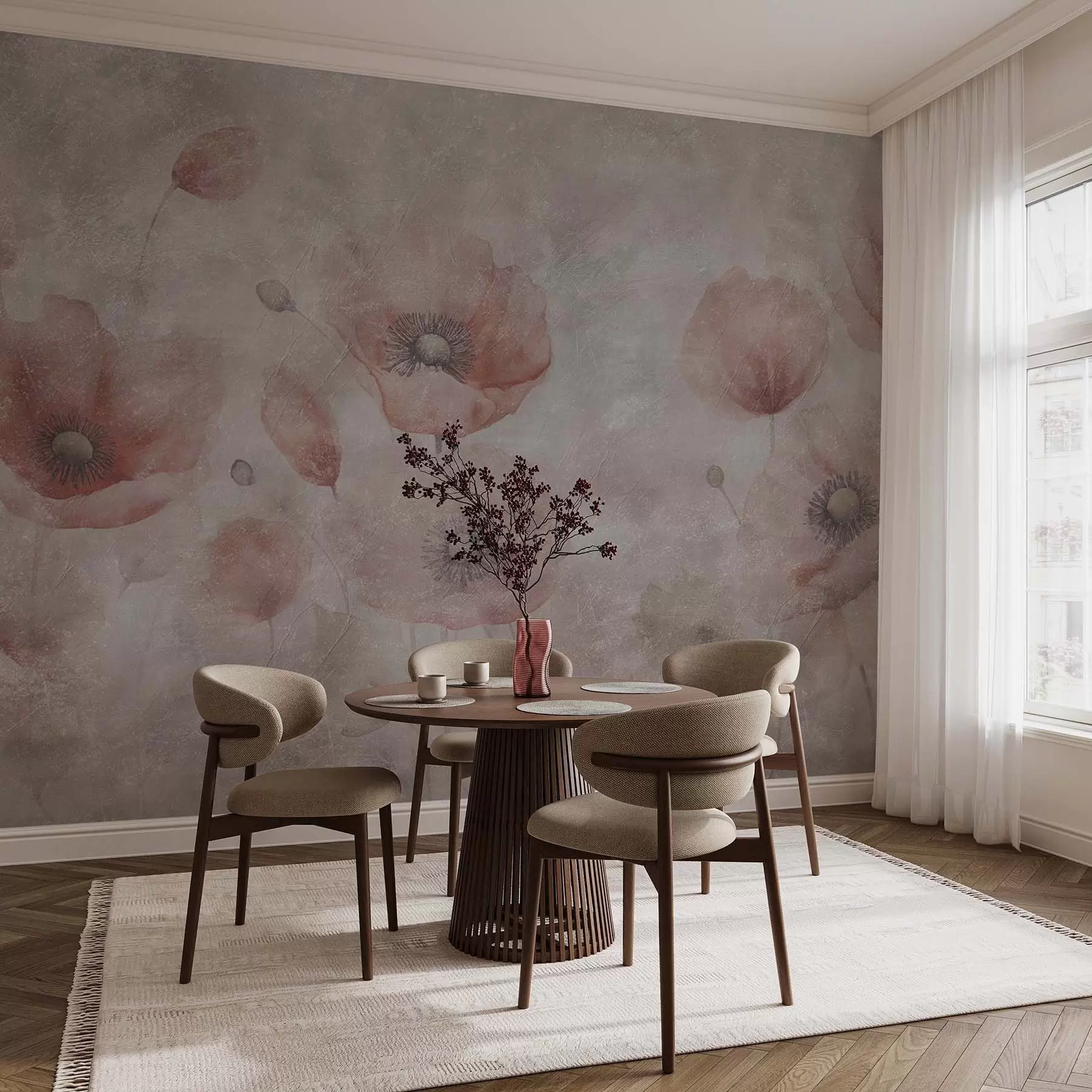 wall murals Large poppy flowers on a wall with an antique effect w09686
