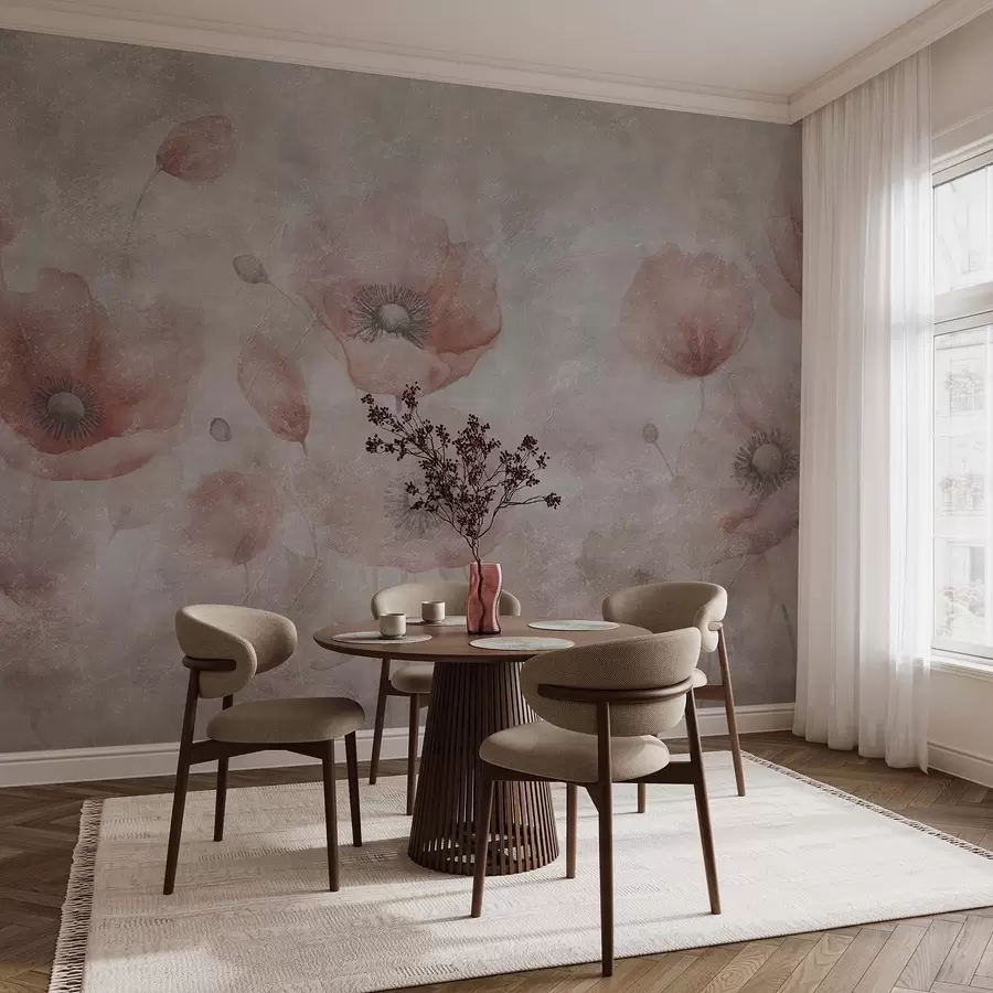 wall murals Large poppy flowers on a wall with an antique effect w09686