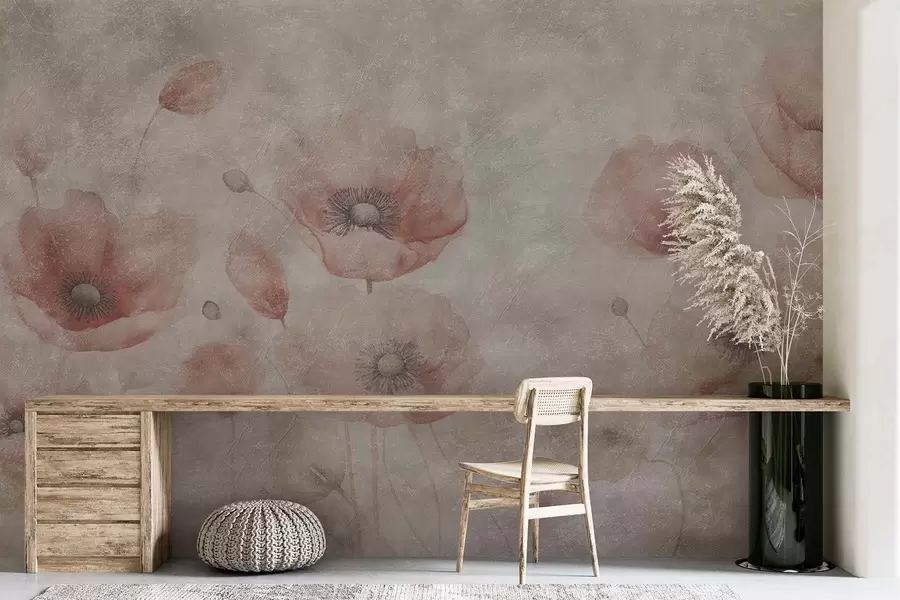 wall murals Large poppy flowers on a wall with an antique effect w09686