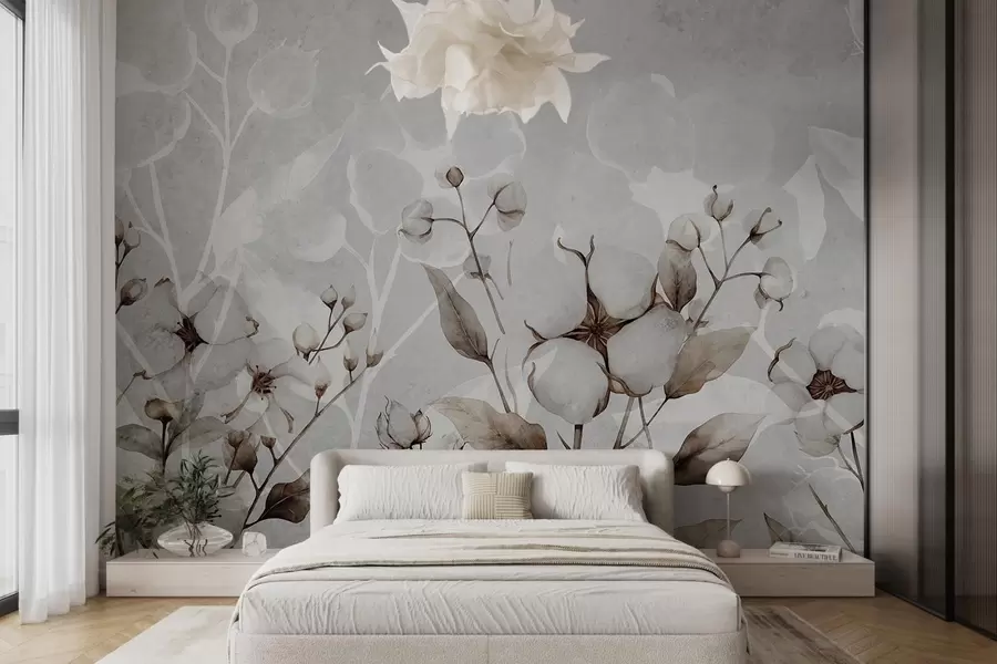 wall murals Large cotton flowers on a light gray background w09691