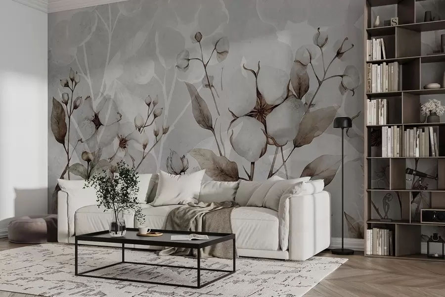 wall murals Large cotton flowers on a light gray background w09691