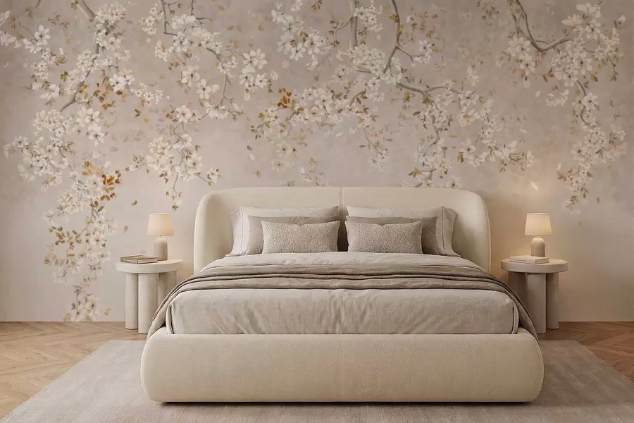 wall murals Branches with white blossoms on a soft beige background w05129