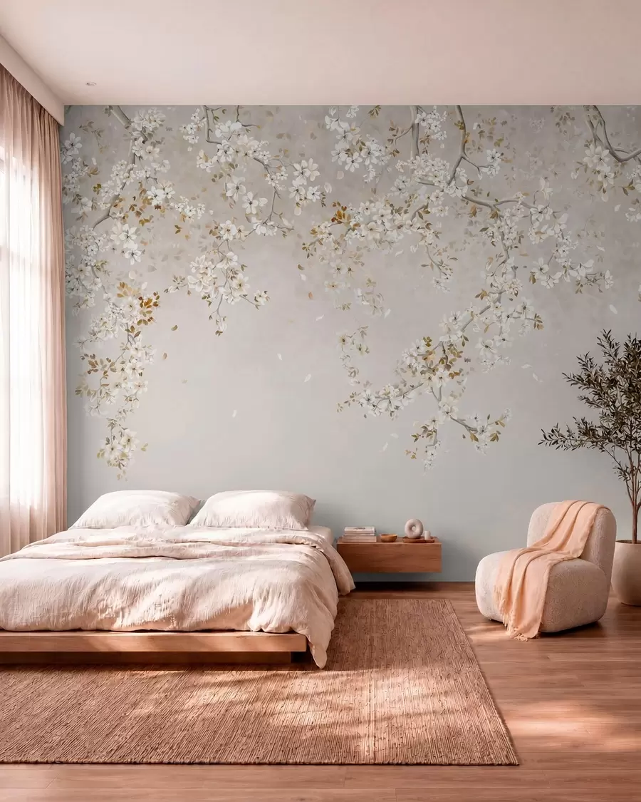 wall murals Branches with white blossoms on a soft beige background w05129
