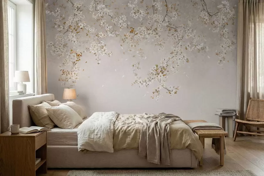 wall murals Branches with white blossoms on a soft beige background w05129