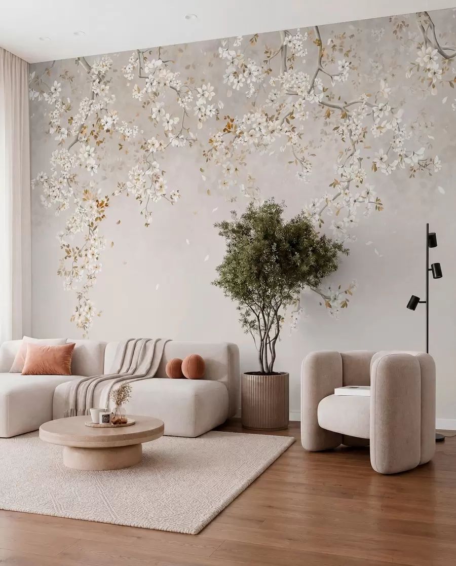 wall murals Branches with white blossoms on a soft beige background w05129