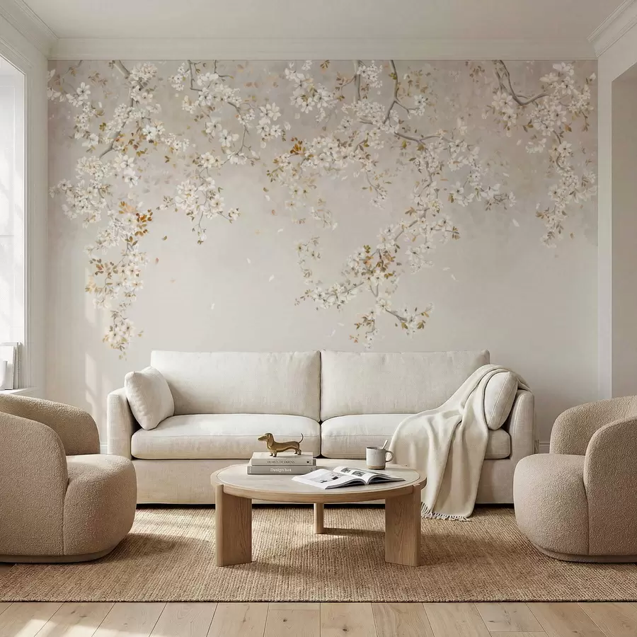 wall murals Branches with white blossoms on a soft beige background w05129
