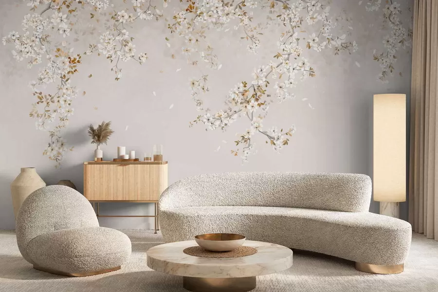 wall murals Branches with white blossoms on a soft beige background w05129