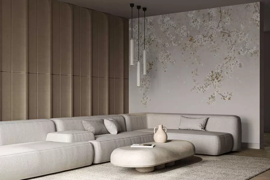 wall murals Branches with white blossoms on a soft beige background w05129