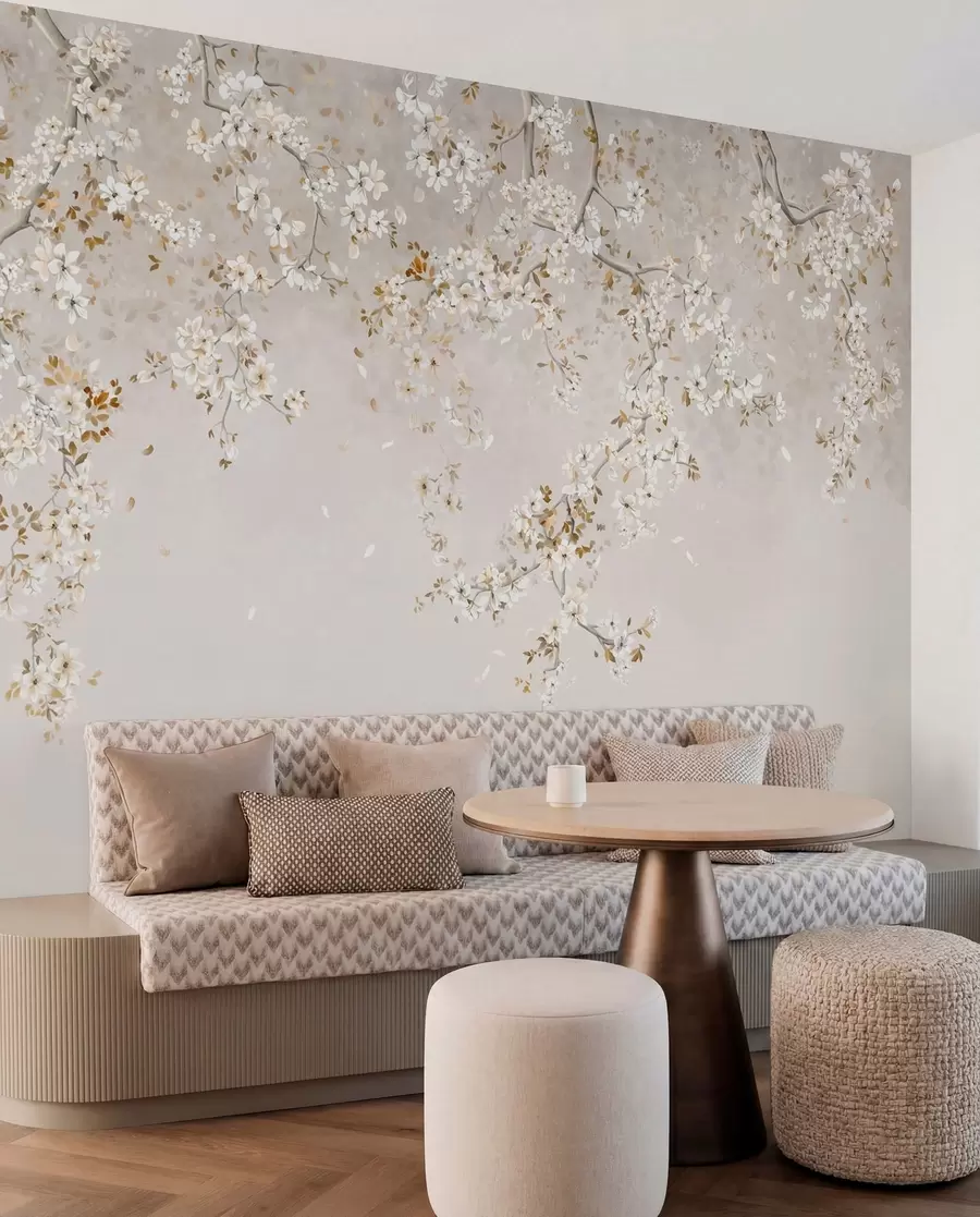 wall murals Branches with white blossoms on a soft beige background w05129