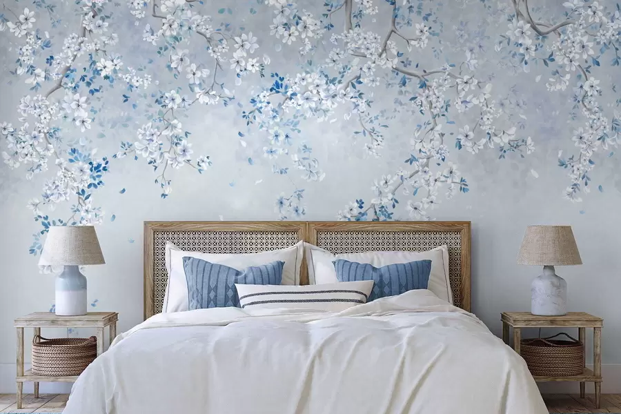 wall murals Branches with white and blue blossoms on a cool background w05129v2