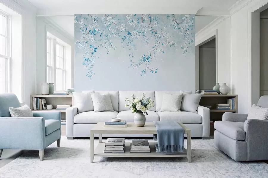 wall murals Branches with white and blue blossoms on a cool background w05129v2