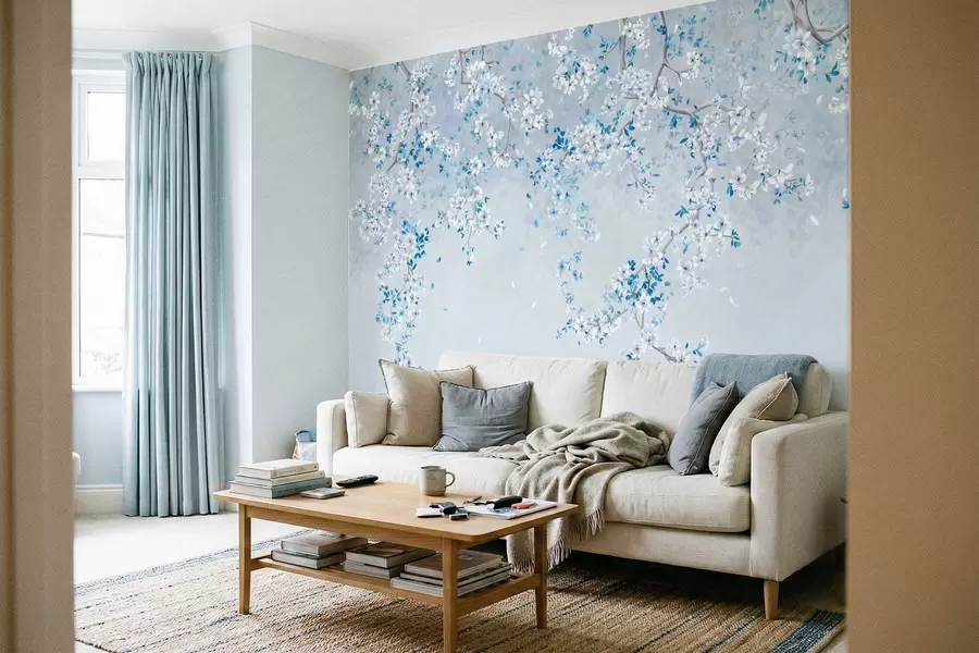 wall murals Branches with white and blue blossoms on a cool background w05129v2