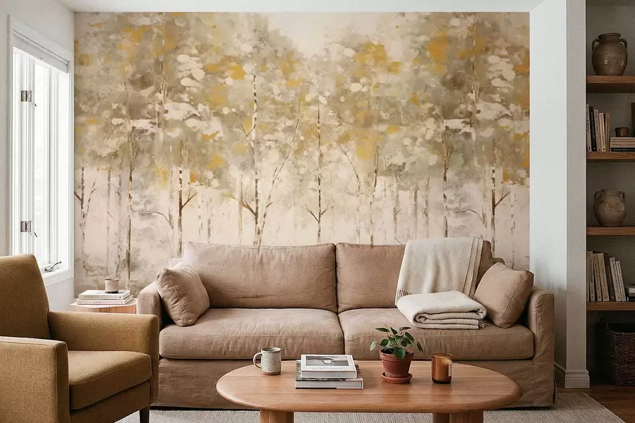 wall murals Stylized forest with slender trees in warm tones w05221