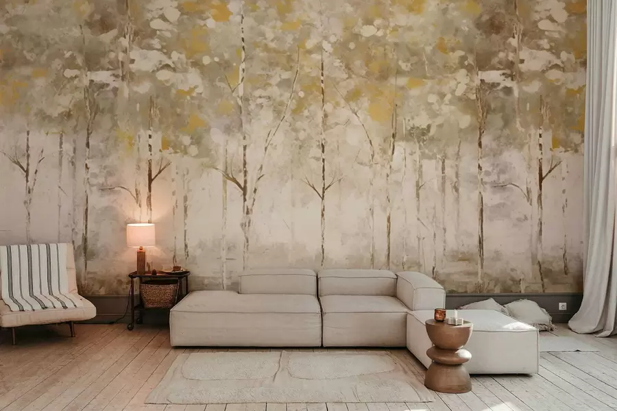 wall murals Stylized forest with slender trees in warm tones w05221