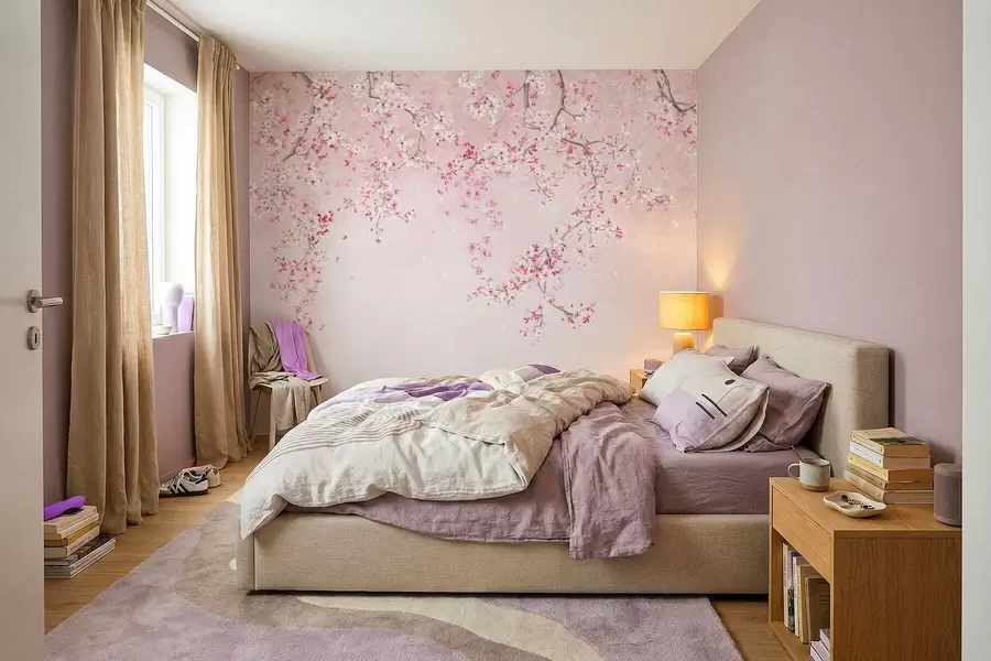 wall murals Branches with pink blossoms on a soft pastel background w05129v1