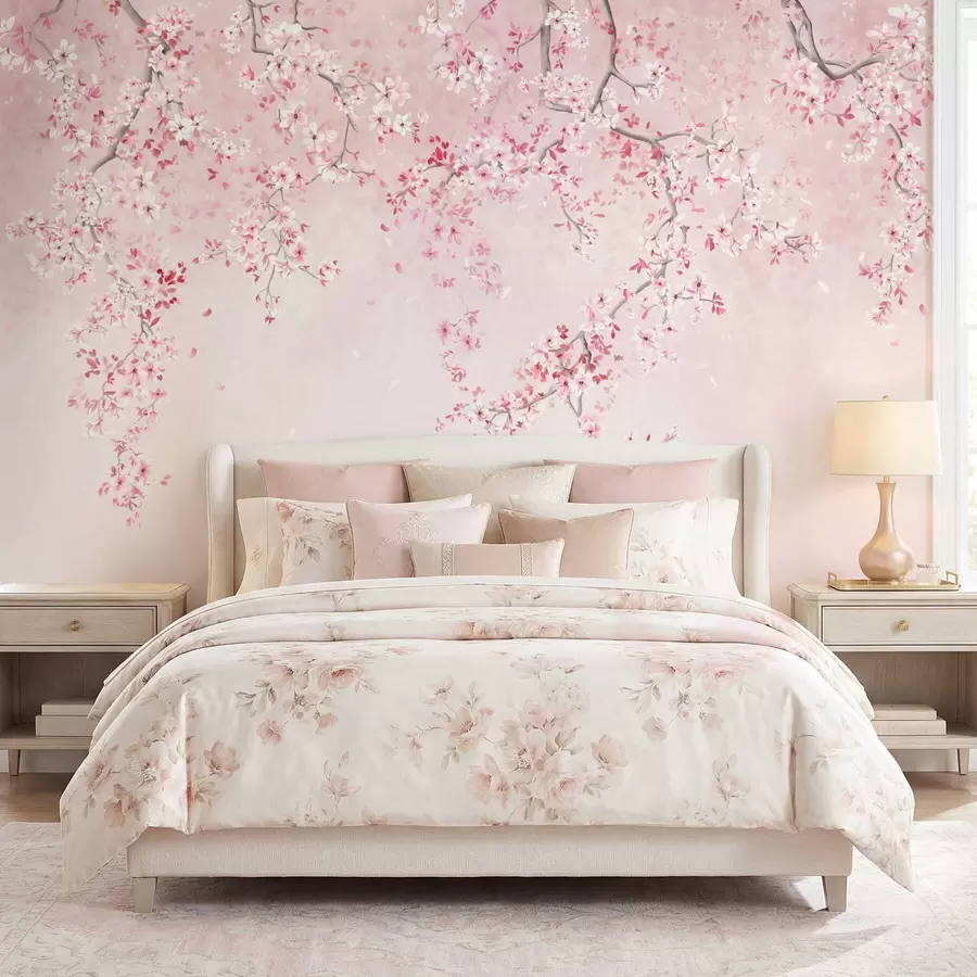 wall murals Branches with pink blossoms on a soft pastel background w05129v1