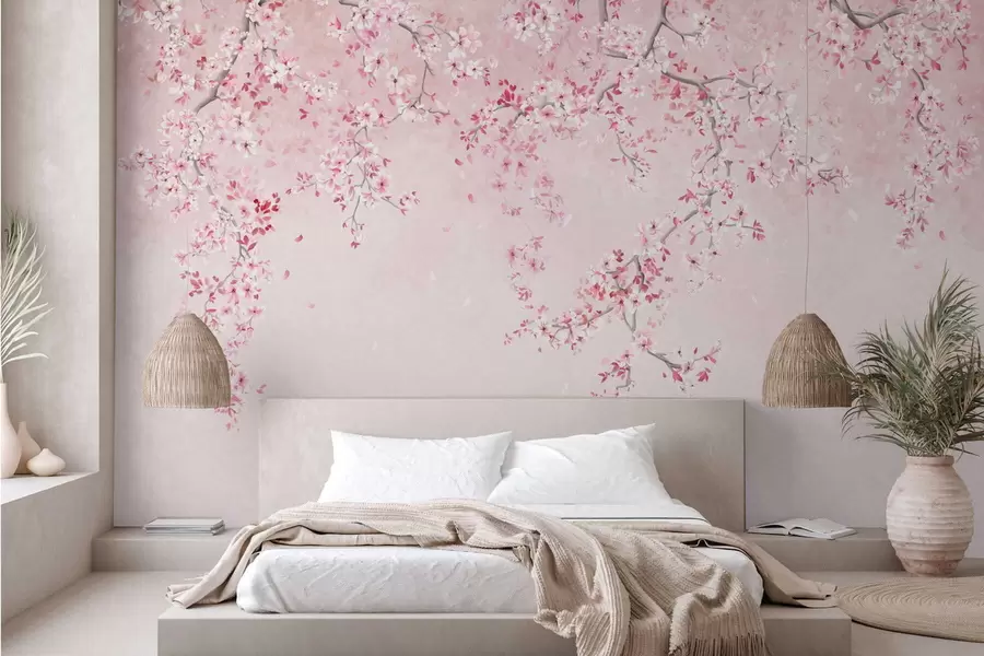 wall murals Branches with pink blossoms on a soft pastel background w05129v1
