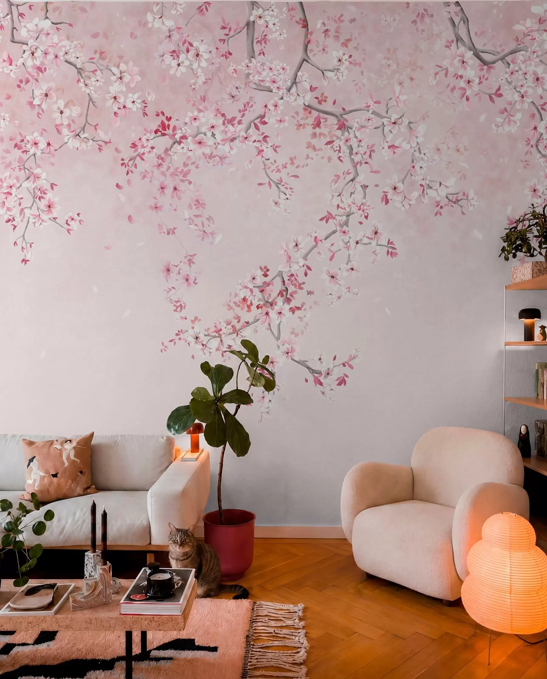 wall murals Branches with pink blossoms on a soft pastel background w05129v1