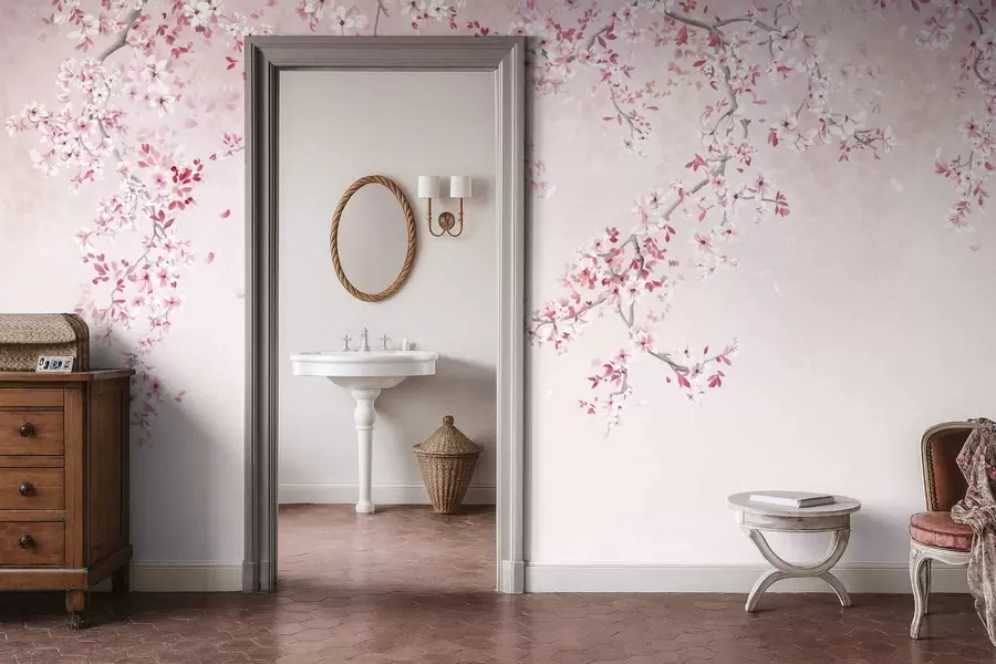 wall murals Branches with pink blossoms on a soft pastel background w05129v1