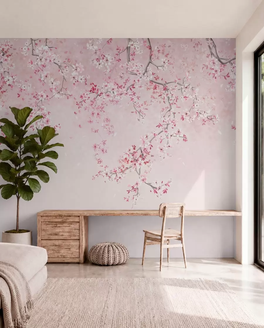wall murals Branches with pink blossoms on a soft pastel background w05129v1