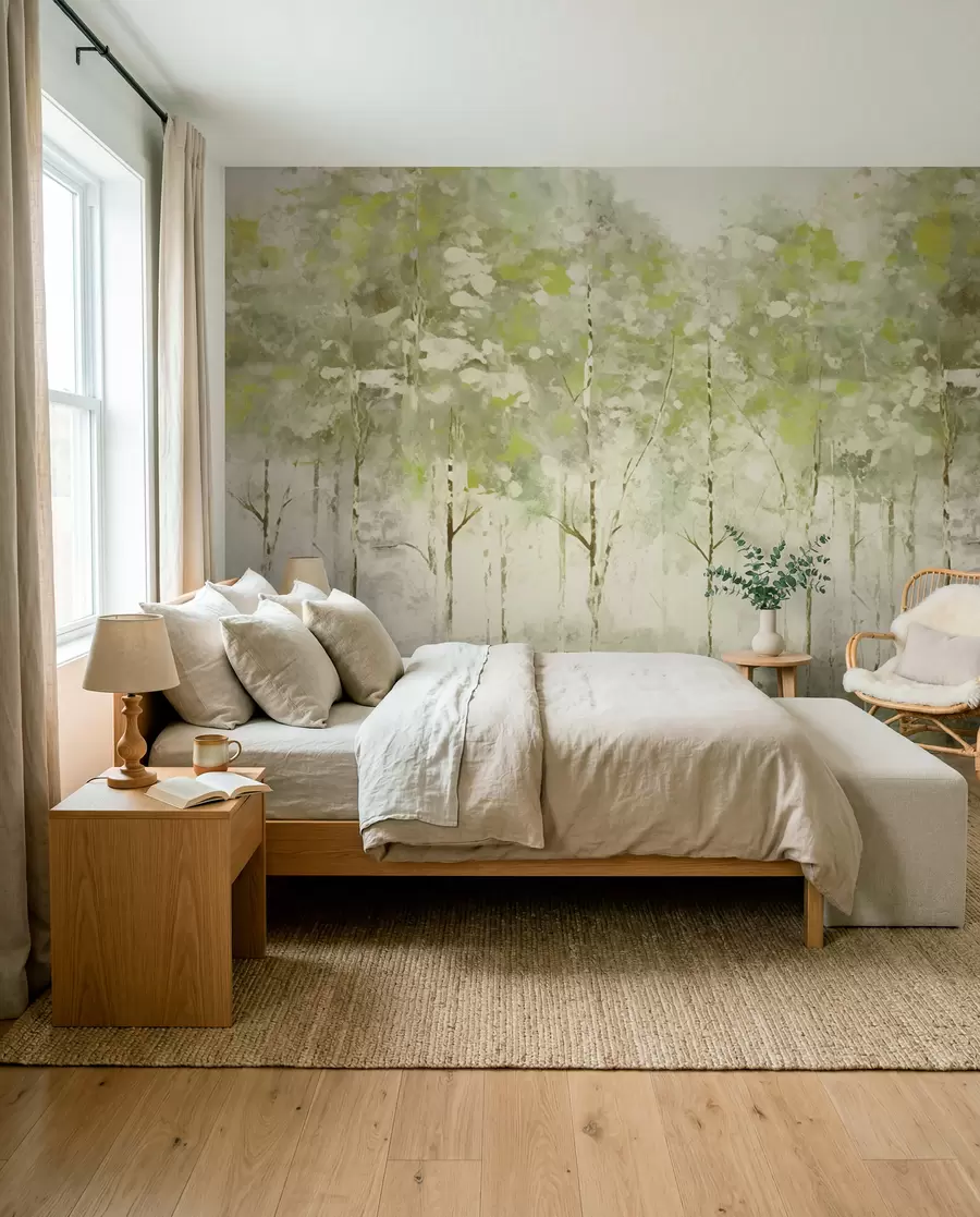 wall murals Stylized forest with slender trees in green tones w05221v1