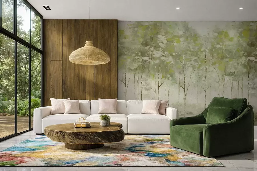wall murals Stylized forest with slender trees in green tones w05221v1