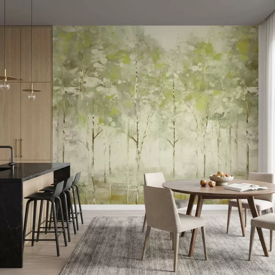 wall murals Stylized forest with slender trees in green tones w05221v1