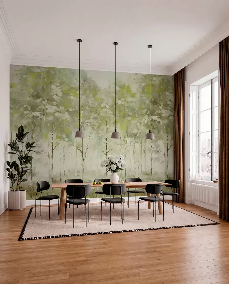 wall murals Stylized forest with slender trees in green tones w05221v1