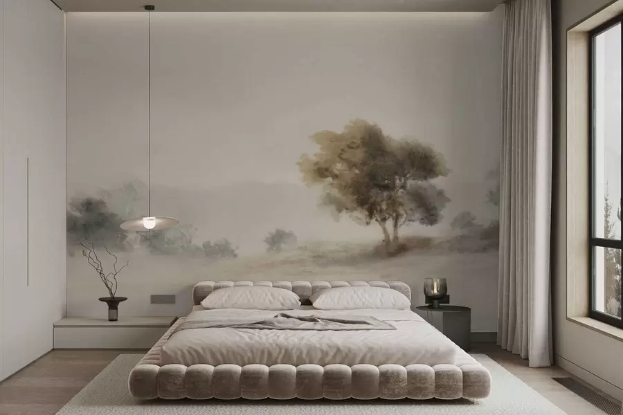 wall murals Minimalist landscape with a lone tree in mist w05223