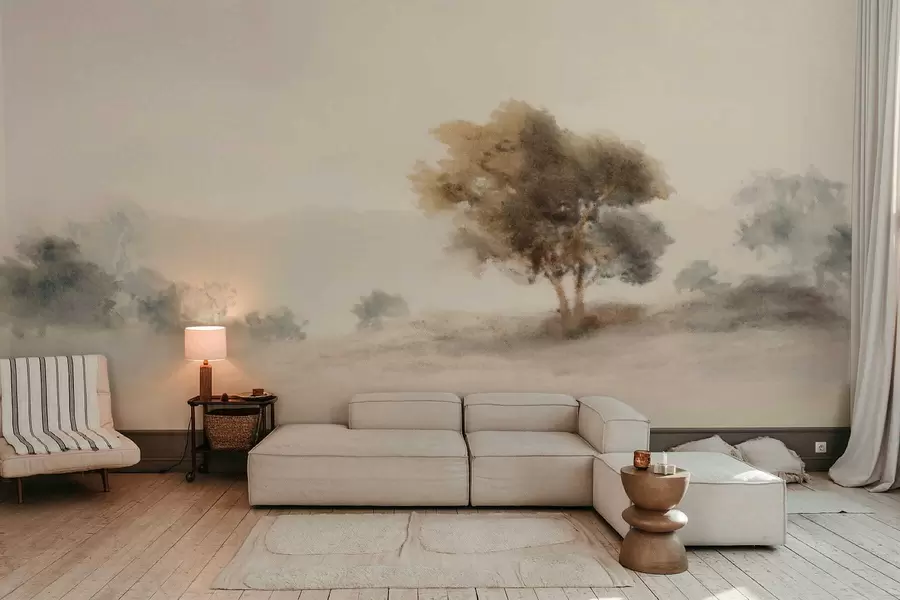 wall murals Minimalist landscape with a lone tree in mist w05223