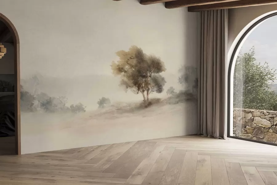 wall murals Minimalist landscape with a lone tree in mist w05223