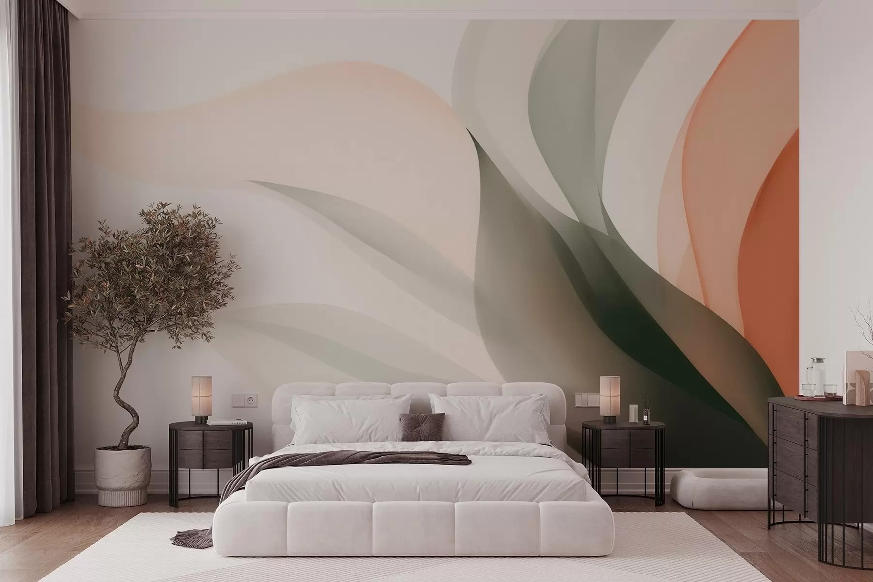wall murals Abstract pastel waves in orange and green tones w09718