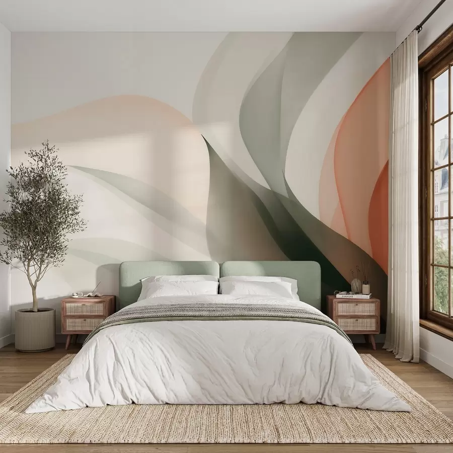 wall murals Abstract pastel waves in orange and green tones w09718