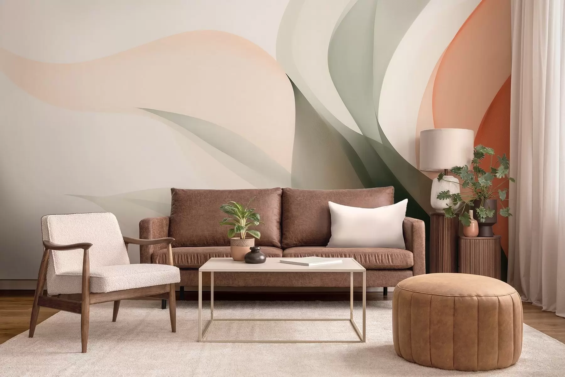 wall murals Abstract pastel waves in orange and green tones w09718