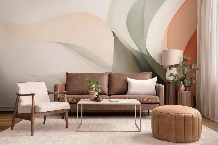 wall murals Abstract pastel waves in orange and green tones w09718