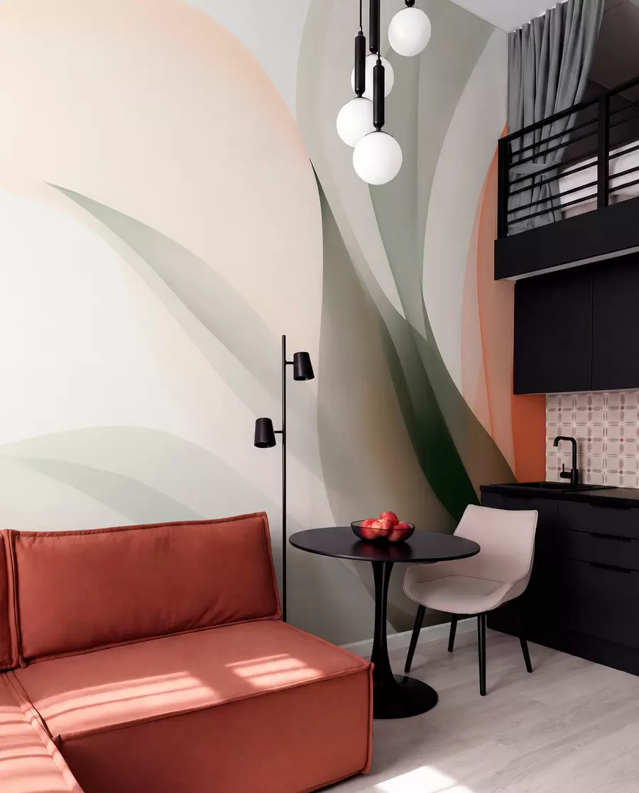 wall murals Abstract pastel waves in orange and green tones w09718