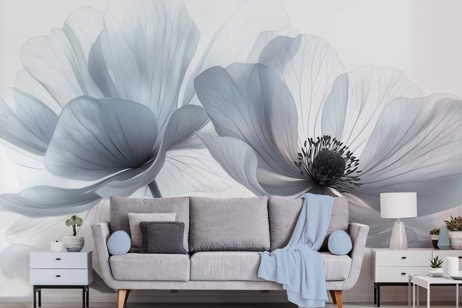 wall murals Translucent bluish-white flowers on a light background w09720