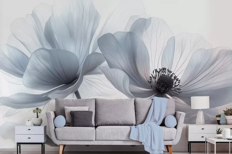 wall murals Translucent bluish-white flowers on a light background w09720