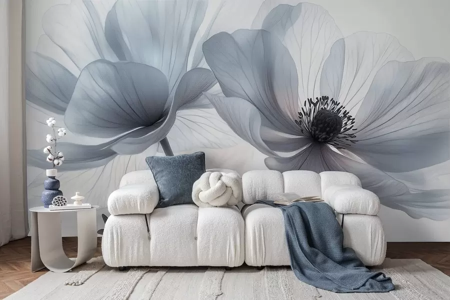 wall murals Translucent bluish-white flowers on a light background w09720