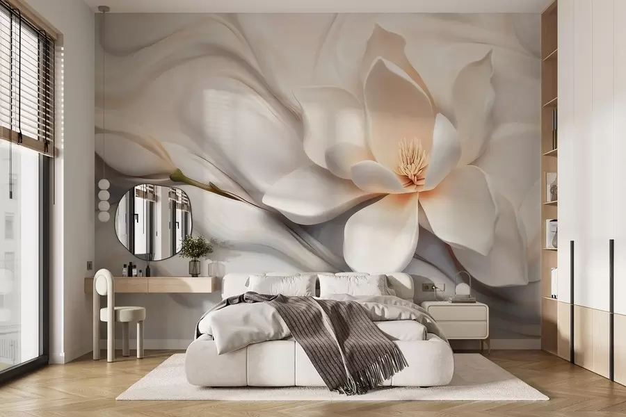 wall murals Three-dimensional white magnolia with marble texture imitation in relief w09729