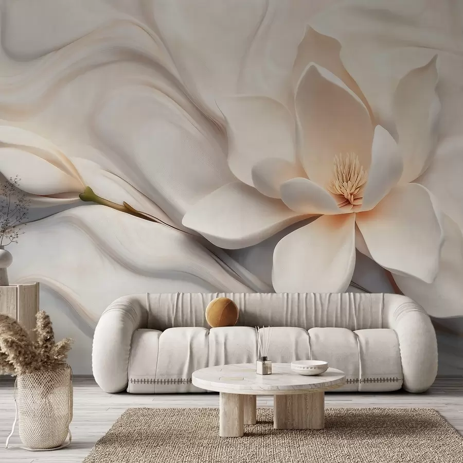 wall murals Three-dimensional white magnolia with marble texture imitation in relief w09729