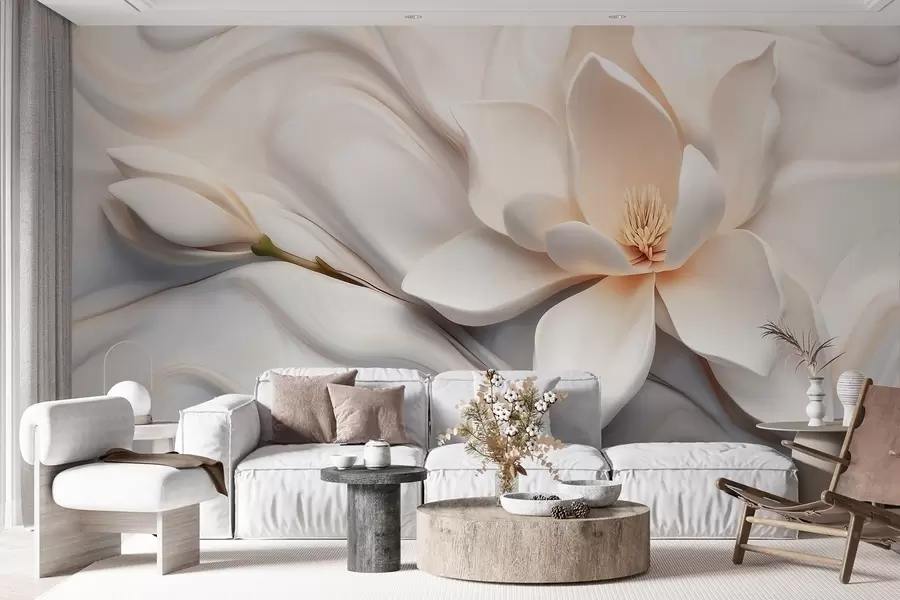 wall murals Three-dimensional white magnolia with marble texture imitation in relief w09729