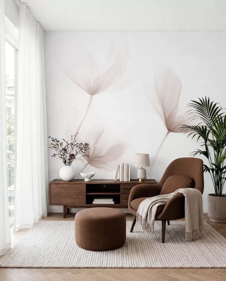 wall murals Airy beige flowers in minimalist light style w09734